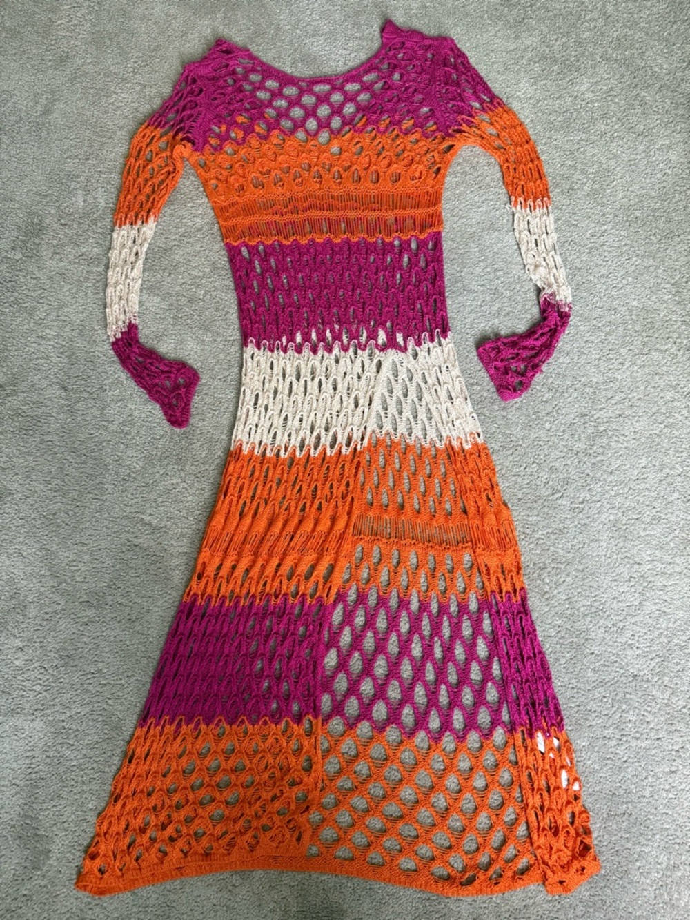 ASOS Long Sleeve Swim Coverup Crotchet Beach Dress Fuchsia Orange Cream Medium